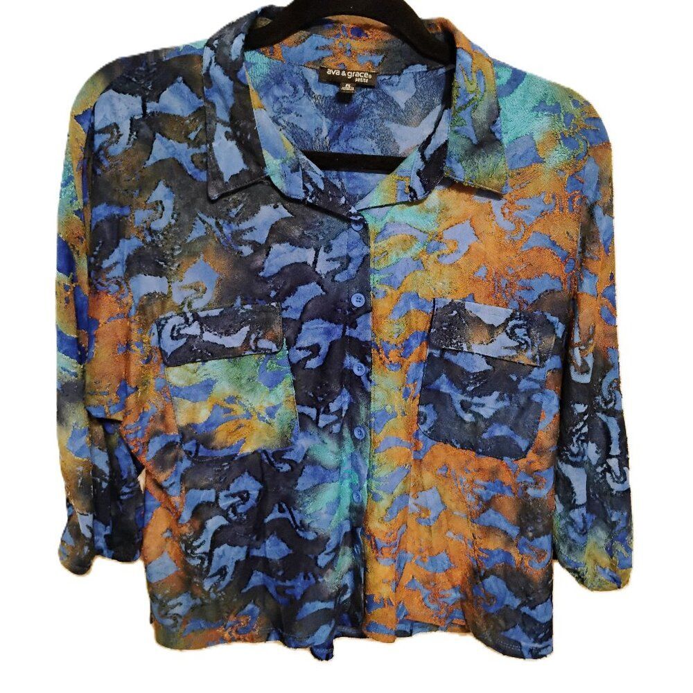 Ava & Grace Petit Blue Abstract Batik Blouse Size Patite Large